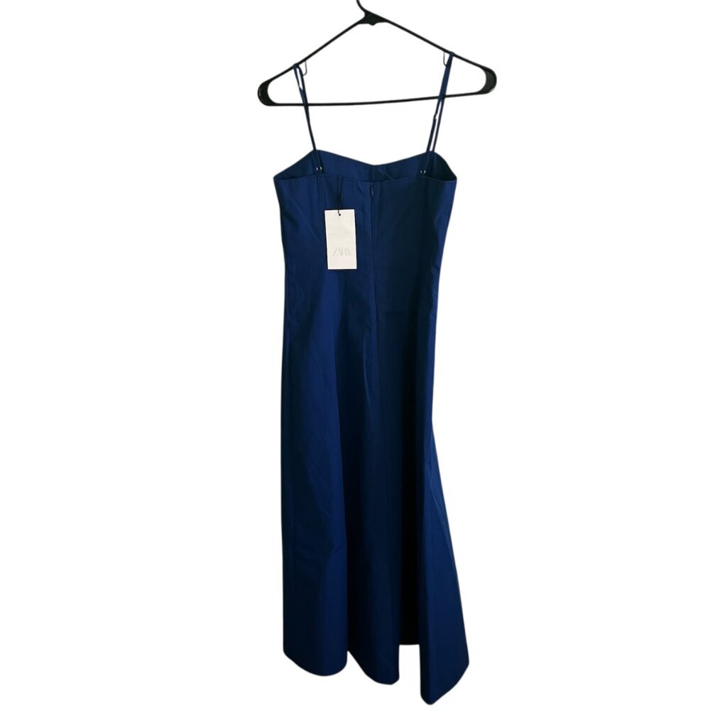 ZARA ZW Collection Poplin Midi Dress Blue Large Organic Cotton V‑Neck Spaghetti - Picture 8 of 13